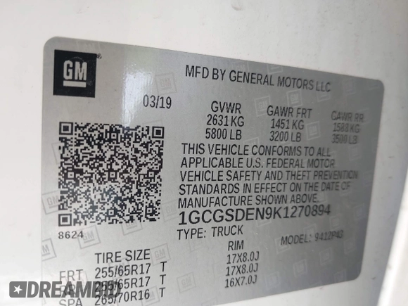 2019 Chevrolet Colorado 2WD Z71 with VIN 1GCGSDEN9K1270894, listed as a IAAI auction lot 41744431 with 72,574 mi miles. Bid and sale history available at carsss.com. Image 9.