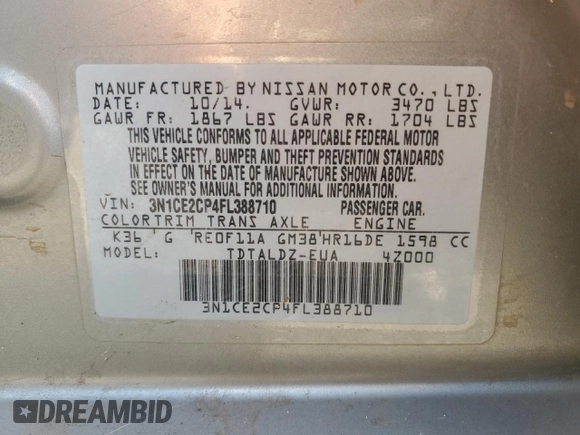 2015 Nissan Note S with VIN 3N1CE2CP4FL388710, listed as a Copart auction lot 53462655 with 93,737 mi miles and Salvage title. Bid and sale history available at DreamBid. Image 12.