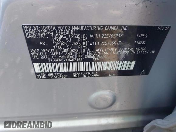 2017 Toyota RAV4 LE with VIN 2T3BFREVXHW674681, listed as a IAAI auction lot 42657353 with 80,022 mi miles and . Bid and sale history available at DreamBid. Image 9.