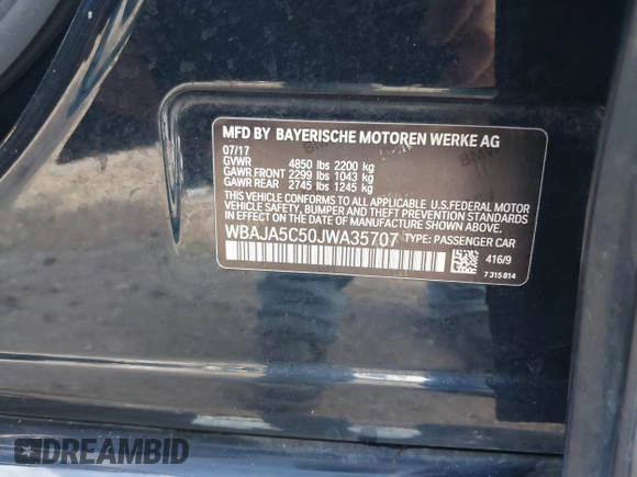 2018 BMW 5 Series 530i with VIN WBAJA5C50JWA35707, listed as a IAAI auction lot 41722656 with 137,619 mi miles and . Bid and sale history available at DreamBid. Image 9.