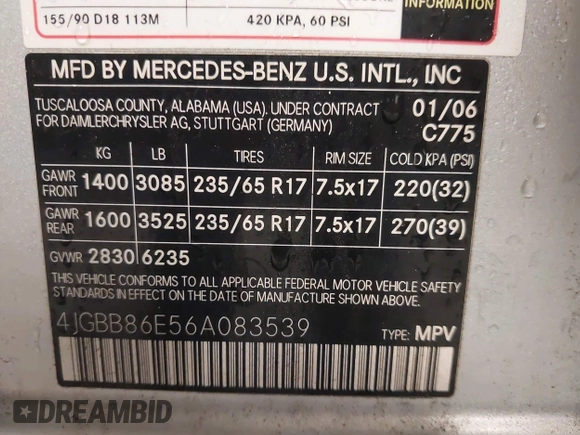 2006 Mercedes-Benz M 350 with VIN 4JGBB86E56A083539, listed as a IAAI auction lot 42172585 with 130,514 mi miles and . Bid and sale history available at DreamBid. Image 9.