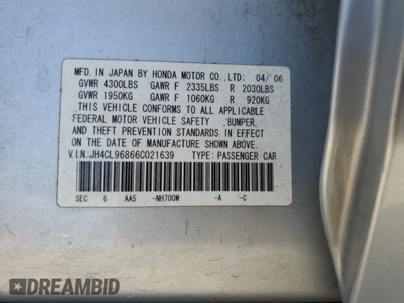 2006 Acura TSX with VIN JH4CL96866C021639, listed as a Copart auction lot 65095115 with 226,384 mi miles and Salvage title. Bid and sale history available at DreamBid. Image 12.
