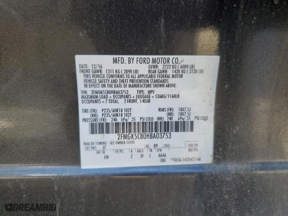 2017 Ford Flex SEL with VIN 2FMGK5C80HBA03753, listed as a Copart auction lot 52142375 with 78,619 mi miles and Salvage Title. Bid and sale history available at carsss.com. Image 15.