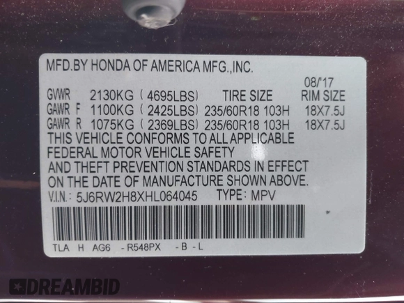 2017 Honda CR-V EX-L with VIN 5J6RW2H8XHL064045, listed as a IAAI auction lot 41311602 with 62,671 mi miles. Bid and sale history available at carsss.com. Image 9.