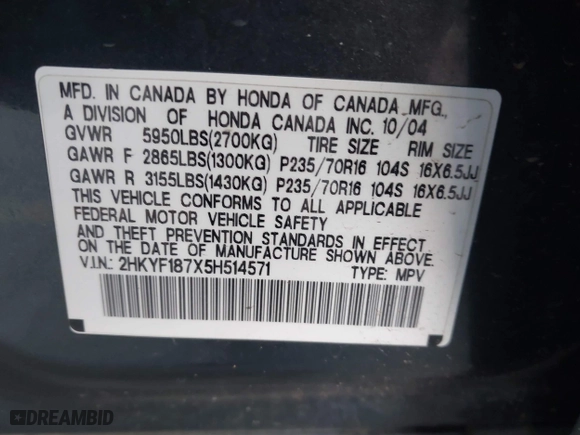 2005 Honda Pilot EX-L with NAVI with VIN 2HKYF187X5H514571, listed as a IAAI auction lot 41746538 with 276,994 mi miles. Bid and sale history available at carsss.com. Image 9.
