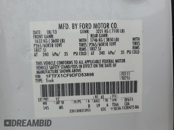 2013 Ford F-150 XL с VIN 1FTFX1CF9DFD53898, выставлен на аукционе Copart как лот 57267635 с пробегом 223 455 миль миль и Списание • Salvage title. История ставок и продаж доступна на DreamBid. Изображение 12.