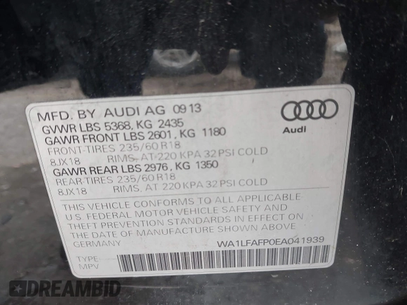 2014 Audi Q5 Premium Plus with VIN WA1LFAFP0EA041939, listed as a IAAI auction lot 41573437 with 160,307 mi miles. Bid and sale history available at carsss.com. Image 9.