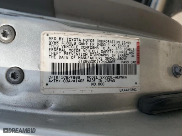 2000 Toyota Camry CE with VIN JT2BG22K1Y0443065, listed as a Copart auction lot 43620775 with 138,329 mi miles and Salvage Title. Bid and sale history available at carsss.com. Image 14.