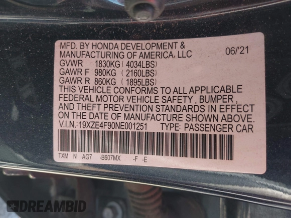 2022 Honda Insight Touring with VIN 19XZE4F90NE001251, listed as a IAAI auction lot 42303914 with 161,489 mi miles and . Bid and sale history available at DreamBid. Image 9.