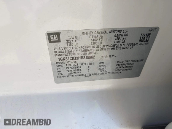 2017 GMC Yukon Denali with VIN 1GKS1CKJ3HR315982, listed as a IAAI auction lot 41721285 with 116,398 mi miles. Bid and sale history available at carsss.com. Image 9.