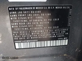 2021 Volkswagen Tiguan S with VIN 3VV0B7AX5MM000806, listed as a IAAI auction lot 40648538 with 38,224 mi miles. Bid and sale history available at carsss.com. Image 9.
