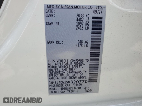 2025 Nissan Altima SV with VIN 1N4BL4DW1SN320770, listed as a Copart auction lot 53951215 with 10,813 mi miles and Salvage Title. Bid and sale history available at DreamBid. Image 12.