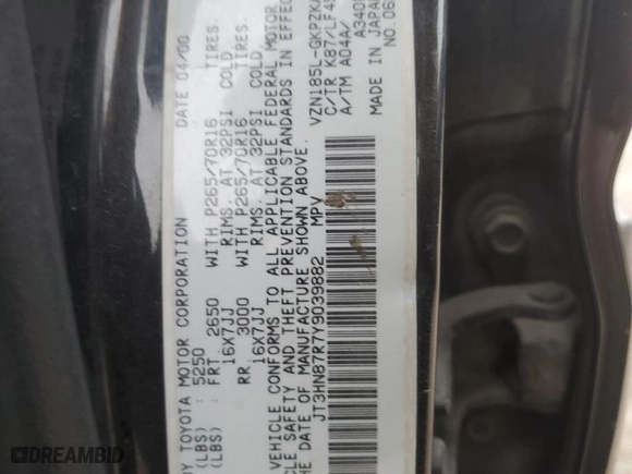 2000 Toyota 4Runner Limited with VIN JT3HN87R7Y9039882, listed as a Copart auction lot 44627725 with 282,114 mi miles and Salvage Title. Bid and sale history available at carsss.com. Image 13.
