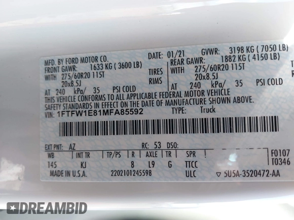2021 Ford F-150 XL with VIN 1FTFW1E81MFA85592, listed as a IAAI auction lot 41414090 with 40,738 mi miles. Bid and sale history available at carsss.com. Image 9.