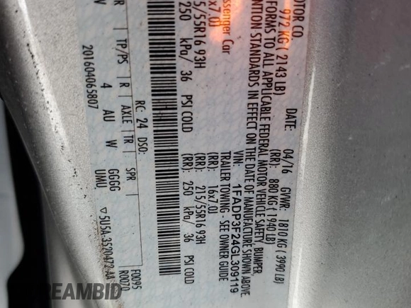 2016 Ford Focus SE z VIN 1FADP3F24GL309119, wystawiony jako Copart lot #62279095 z przebiegiem 117 535 mil mil oraz Szkoda całkowita • Salvage title. Historia ofert i sprzedaży dostępna na DreamBid. Obrazek 13.