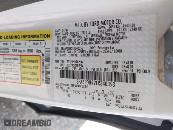 2014 Ford Fusion SE with VIN 3FA6P0H92ER340353, listed as a IAAI auction lot 42126171 with 104,484 mi miles and . Bid and sale history available at DreamBid. Image 9.