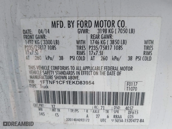 2014 Ford F-150 XL with VIN 1FTNF1CF1EKD83954, listed as a IAAI auction lot 41620910 with 165,042 mi miles. Bid and sale history available at carsss.com. Image 9.