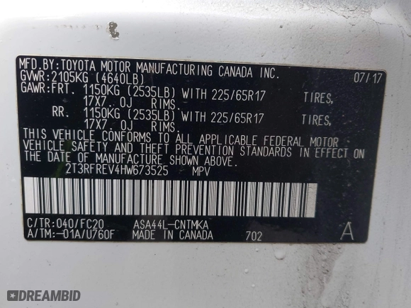 2017 Toyota RAV4 XLE with VIN 2T3RFREV4HW673525, listed as a IAAI auction lot 41503904 with 75,281 mi miles. Bid and sale history available at carsss.com. Image 9.