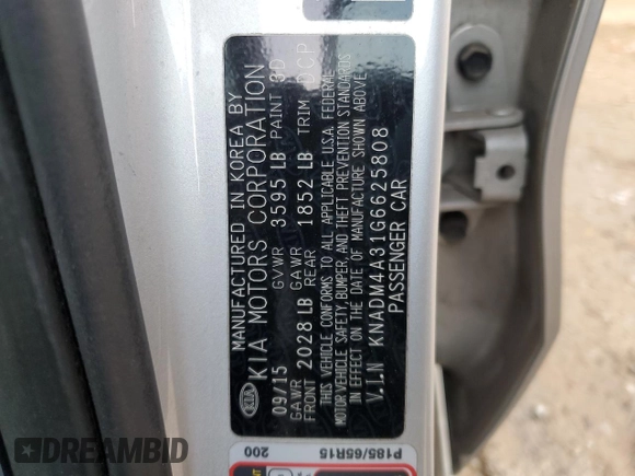 2016 Kia Rio LX with VIN KNADM4A31G6625808, listed as a Copart auction lot 44520085 with 74,402 mi miles and Salvage Title. Bid and sale history available at carsss.com. Image 15.