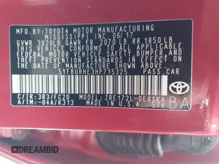2017 Toyota Corolla L z VIN 5YFBURHE3HP715325, wystawiony jako IAAI lot #41804657 z przebiegiem 74 648 mil mil oraz . Historia ofert i sprzedaży dostępna na DreamBid. Obrazek 9.
