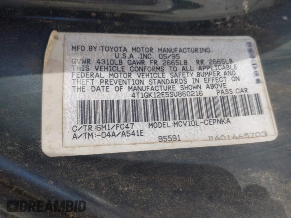 1995 Toyota Camry LE with VIN 4T1GK12E5SU860216, listed as a IAAI auction lot 41803933 with 235,130 mi miles. Bid and sale history available at carsss.com. Image 9.