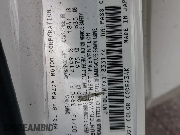 2013 Mazda 3 i Grand Touring with VIN JM1BL1M7XD1833172, listed as a Copart auction lot 50377105 with 143,141 mi miles and Salvage title. Bid and sale history available at DreamBid. Image 13.