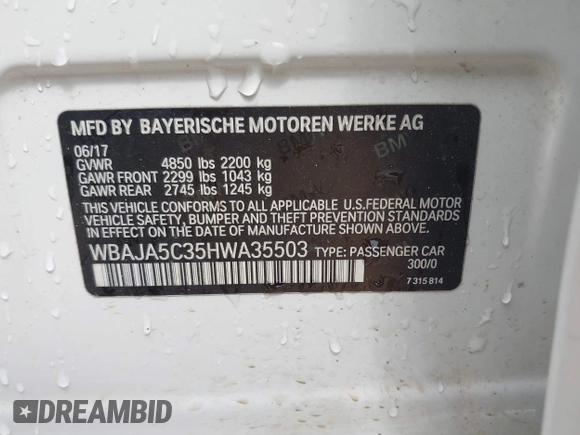 2017 BMW 5 Series 530i with VIN WBAJA5C35HWA35503, listed as a IAAI auction lot 42063997 with 118,187 mi miles and . Bid and sale history available at DreamBid. Image 9.