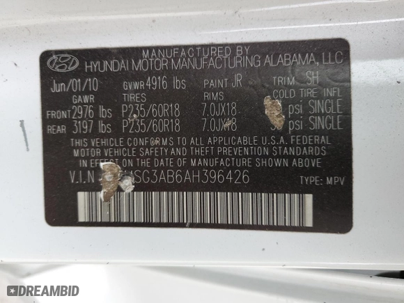 2010 Hyundai Santa Fe GLS with VIN 5NMSG3AB6AH396426, listed as a Copart auction lot 88276085 with 183,731 mi miles and Salvage Title. Bid and sale history available at carsss.com. Image 13.