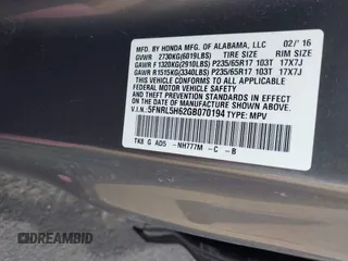 2016 Honda Odyssey EX-L with VIN 5FNRL5H62GB070194, listed as a IAAI auction lot 41664352 with 112,112 mi miles. Bid and sale history available at carsss.com. Image 9.