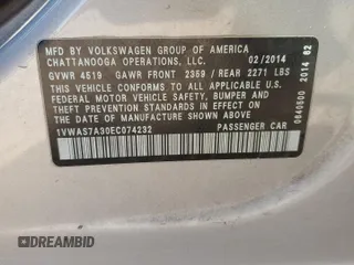 2014 Volkswagen Passat Wolfsburg Edition with VIN 1VWAS7A30EC074232, listed as a Copart auction lot 86975554 with 197,060 mi miles and Salvage title. Bid and sale history available at DreamBid. Image 14.
