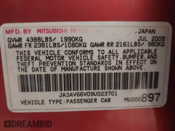 2009 Mitsubishi Lancer with VIN JA3AV66V09U023701, listed as a IAAI auction lot 41246365 with 204,115 mi miles and . Bid and sale history available at DreamBid. Image 9.