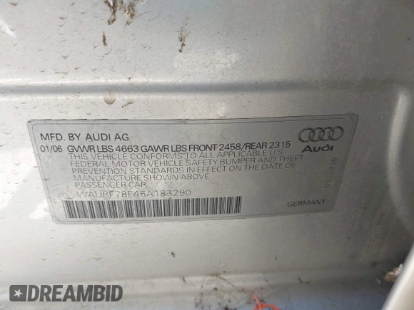 2006 Audi A4 2.0T with VIN WAUBF78E46A183290, listed as a IAAI auction lot 42850483 with 144,922 mi miles and . Bid and sale history available at DreamBid. Image 9.