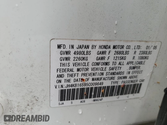 2005 Acura RL with VIN JH4KB16595C009649, listed as a Copart auction lot 60784325 with 203,735 mi miles and Salvage title. Bid and sale history available at DreamBid. Image 12.