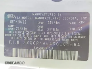 2013 Kia Optima SX z VIN 5XXGR4A64DG161664, wystawiony jako IAAI lot #41352483 z przebiegiem 81 664 mil mil oraz . Historia ofert i sprzedaży dostępna na DreamBid. Obrazek 9.