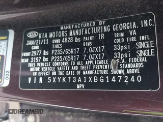 2011 Kia Sorento LX with VIN 5XYKT3A1XBG147240, listed as a IAAI auction lot 42465947 with 112,150 mi miles and . Bid and sale history available at DreamBid. Image 9.