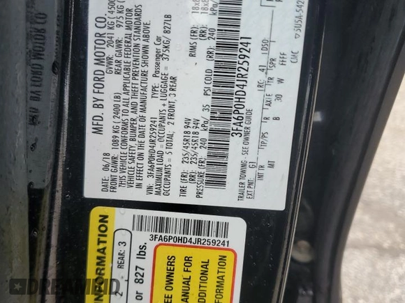 2018 Ford Fusion SE with VIN 3FA6P0HD4JR259241, listed as a Copart auction lot 51536565 with 84,877 mi miles and Salvage Title. Bid and sale history available at DreamBid. Image 12.