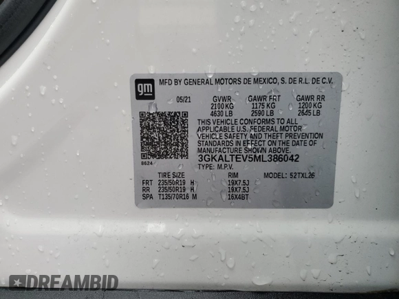 2021 GMC Terrain SLE with VIN 3GKALTEV5ML386042, listed as a Copart auction lot 56867875 with 63,859 mi miles and Salvage title. Bid and sale history available at DreamBid. Image 13.