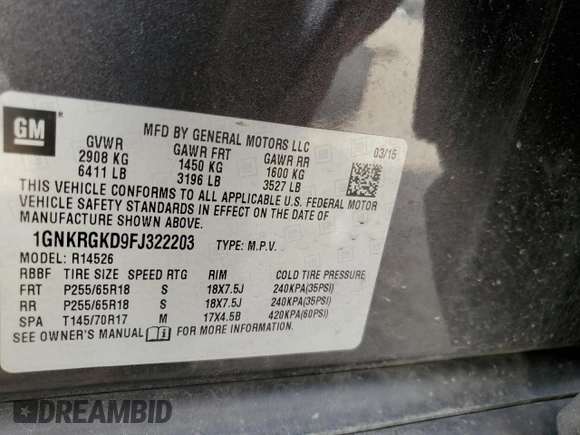 2015 Chevrolet Traverse LT with VIN 1GNKRGKD9FJ322203, listed as a Copart auction lot 47036795 with 173,004 mi miles and Clean title. Bid and sale history available at DreamBid. Image 13.