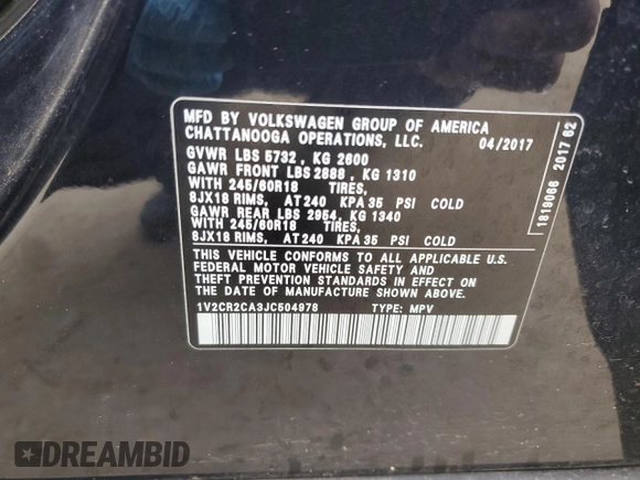 2018 Volkswagen Atlas SE with VIN 1V2CR2CA3JC504978, listed as a Copart auction lot 42823925 with 189,139 mi miles and Clean title. Bid and sale history available at DreamBid. Image 13.