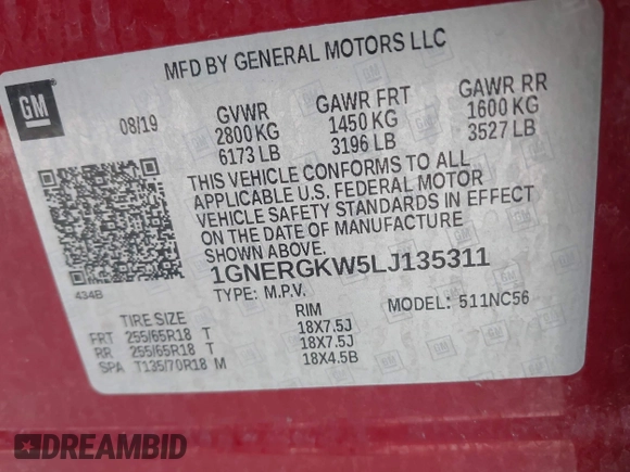 2020 Chevrolet Traverse LT Cloth with VIN 1GNERGKW5LJ135311, listed as a IAAI auction lot 42638602 with 106,860 mi miles and . Bid and sale history available at DreamBid. Image 9.