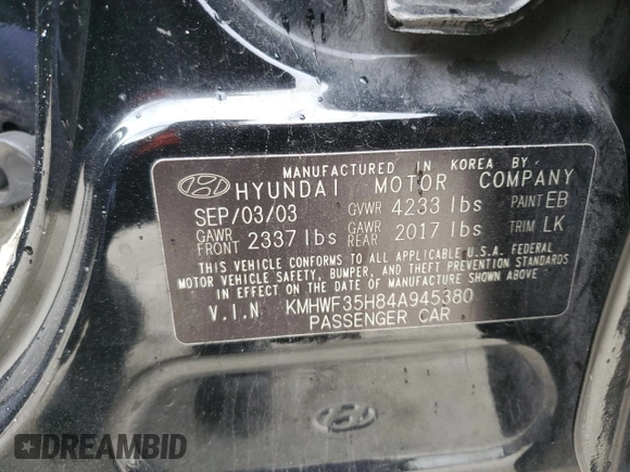 2004 Hyundai Sonata GLS with VIN KMHWF35H84A945380, listed as a Copart auction lot 85162364 with 139,584 mi miles and Salvage Title. Bid and sale history available at carsss.com. Image 13.