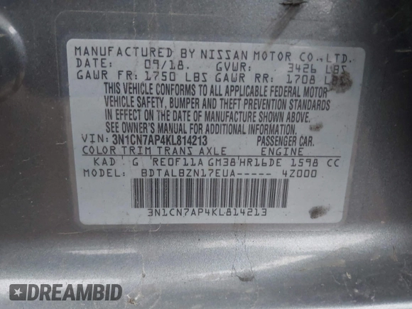 2019 Nissan Versa SV z VIN 3N1CN7AP4KL814213, wystawiony jako IAAI lot #40877781 z przebiegiem 108 624 mil mil oraz . Historia ofert i sprzedaży dostępna na DreamBid. Obrazek 9.