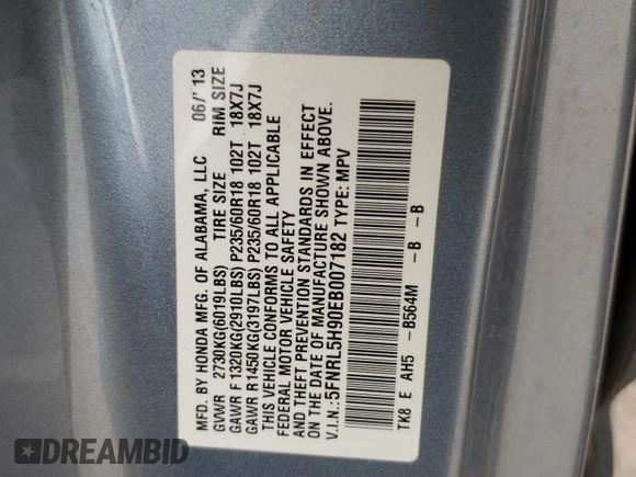 2014 Honda Odyssey Touring with VIN 5FNRL5H90EB007182, listed as a Copart auction lot 51152775 with 152,483 mi miles and Salvage title. Bid and sale history available at DreamBid. Image 13.
