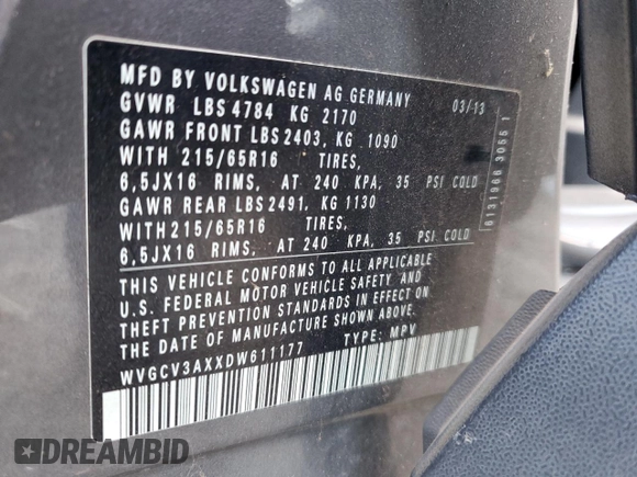 2013 Volkswagen Tiguan with VIN WVGCV3AXXDW611177, listed as a Copart auction lot 82296484 with 95,814 mi miles and Clean Title. Bid and sale history available at DreamBid. Image 12.