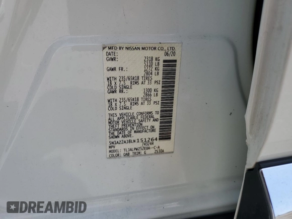 2020 Nissan Murano S with VIN 5N1AZ2AJ8LN151264, listed as a Copart auction lot 55690195 with 58,065 mi miles and Salvage title. Bid and sale history available at DreamBid. Image 13.