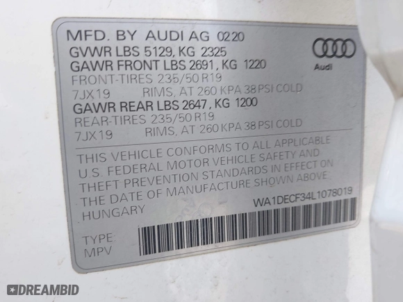 2020 Audi Q3 S line Premium with VIN WA1DECF34L1078019, listed as a IAAI auction lot 41928005 with 62,303 mi miles. Bid and sale history available at carsss.com. Image 9.