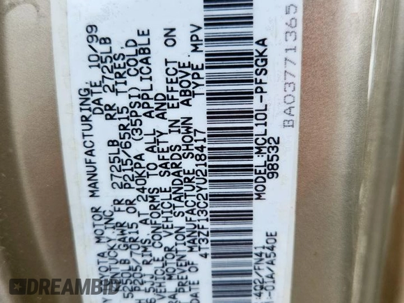 2000 Toyota Sienna LE with VIN 4T3ZF13C2YU218417, listed as a Copart auction lot 63328035 with 263,439 mi miles and Salvage title. Bid and sale history available at DreamBid. Image 13.