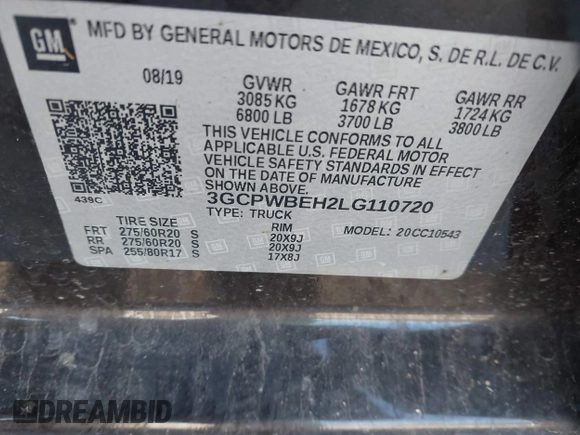 2020 Chevrolet Silverado 1500 Custom with VIN 3GCPWBEH2LG110720, listed as a IAAI auction lot 41226728 with 88,960 mi miles. Bid and sale history available at carsss.com. Image 9.