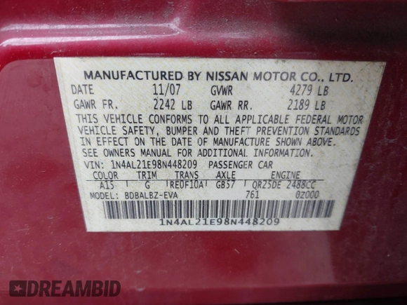 2008 Nissan Altima 2.5 SL with VIN 1N4AL21E98N448209, listed as a IAAI auction lot 41867674 with 168,183 mi miles. Bid and sale history available at carsss.com. Image 9.