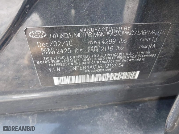 2011 Hyundai Sonata GLS PZEV with VIN 5NPEB4AC3BH212834, listed as a IAAI auction lot 41253992 with 159,026 mi miles. Bid and sale history available at carsss.com. Image 9.